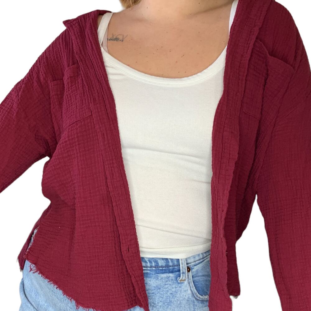 Maroon Red Muslin Distressed Slouchy Button Up Top Plus - Picture 5 of 5